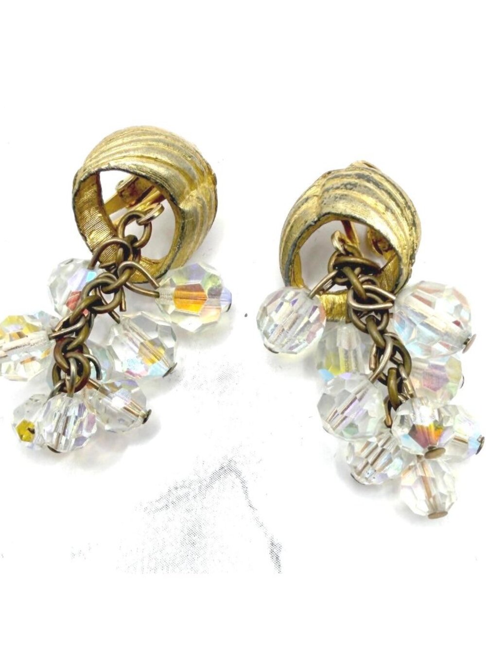 Vintage Gold Clip On AB Crystal Clusterā Earrings 1.5"